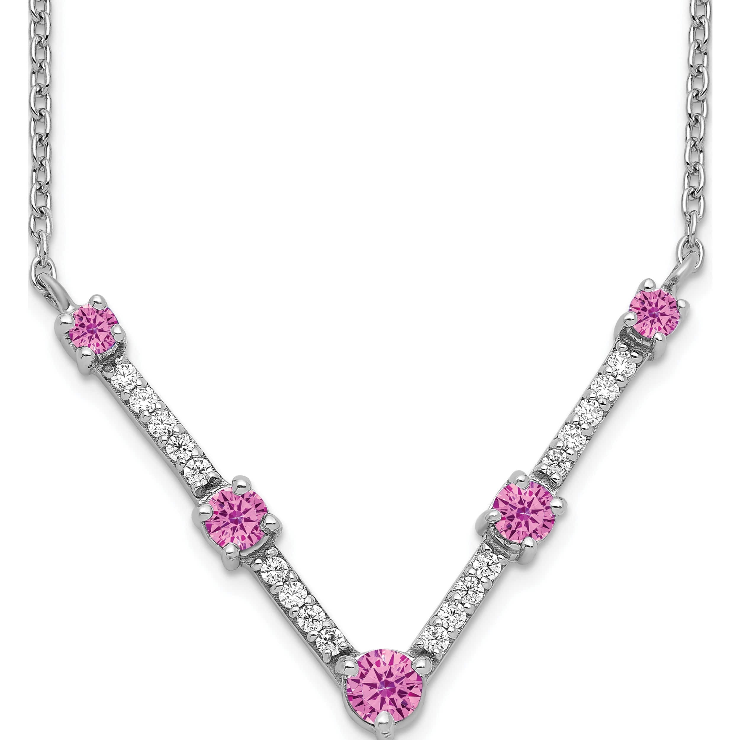 14K White Gold Lab Grown Diamond Created Pink Sapphire Necklace