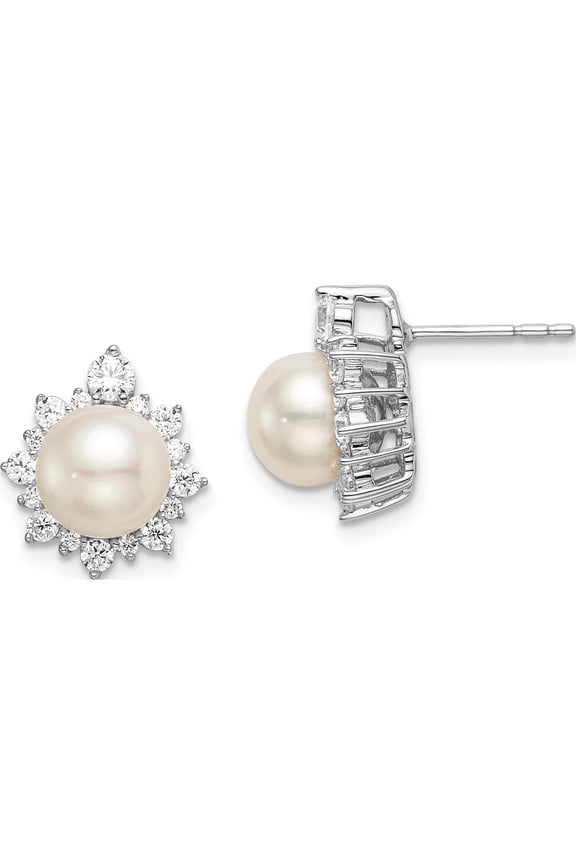 14K White Gold 5/8 carat Lab Grown Diamond VS/SI+ G+ and 7.00 mm Round Freshwater Cultured Pearl Complete Fashion Post Earrings