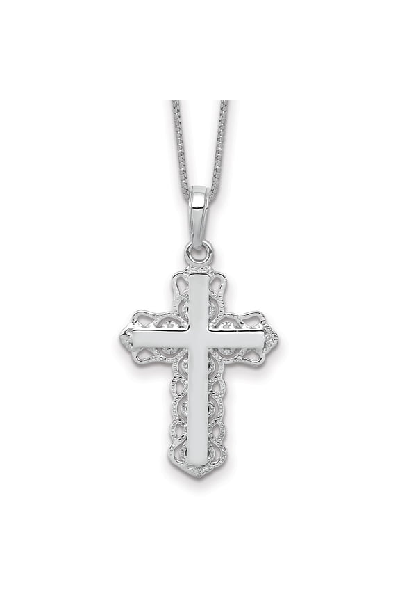 14K White Gold Lace Trim Cross Pendant Necklace