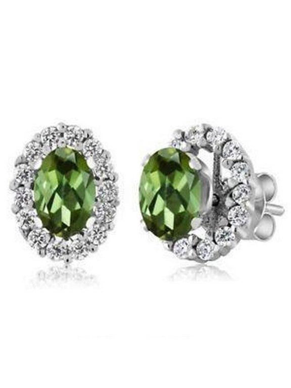 14K White Gold Lady 10 CT Tourmaline & Diamond Stud Earrings