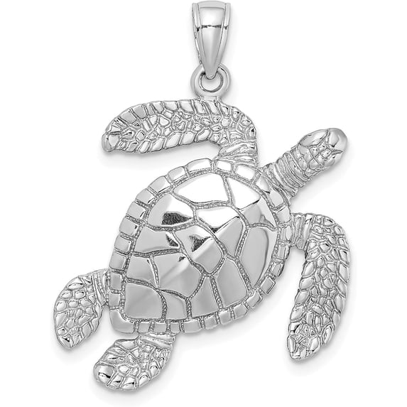 14K White Gold Large Textured Swimming Sea Turtle Charm - 30mm