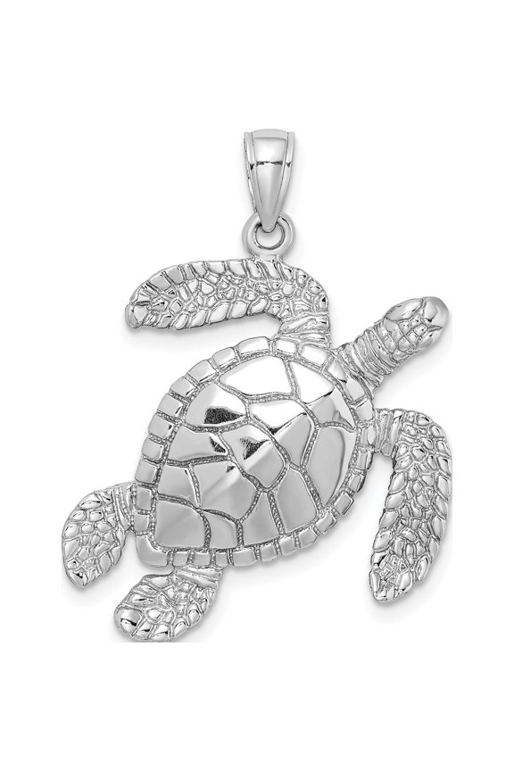 14K White Gold Large Textured Swimming Sea Turtle Charm