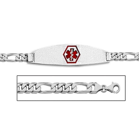 14K White Gold Medical ID Bracelet W/ Figaro Chain with Enamel - 7-1/2 Inch