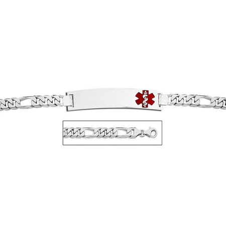 14K White Gold Medical ID Bracelet W/ Figaro Chain with Enamel - 7 Inch