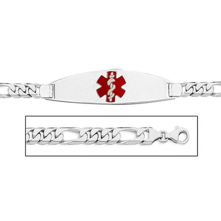 14K White Gold Medical ID Bracelet W/ Figaro Chain with Enamel - 7 Inch