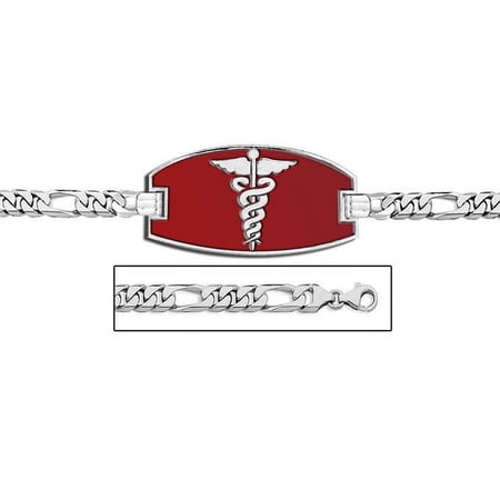 14K White Gold Medical ID Bracelet W/ Figaro Chain with Enamel - 8 Inch