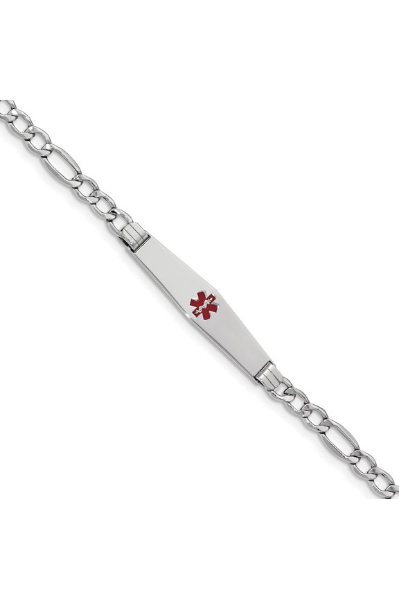 14K White Gold Medical Soft Diamond Shape Red Enamel ID w Semi-Solid Figaro Bracel