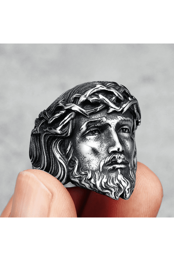 14K White Gold Men Ring Christian Jesus Face Rings Religion Amulet Punk Rock for Male Biker Boyfriend Jewelry Best Gift