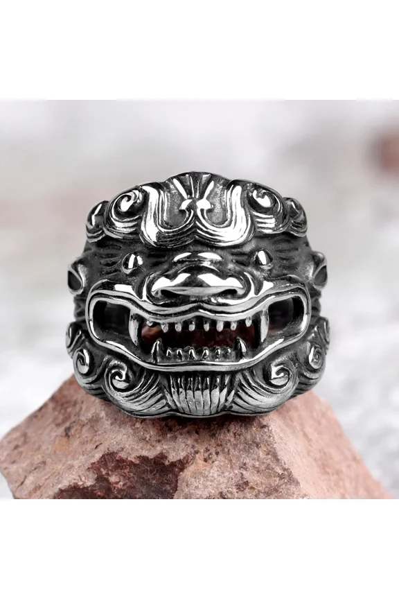 14K White Gold Men Rings Chinese Style God Beast Kirin Amulet Punk Rock for Male Boyfriend Jewelry Creativity Gift