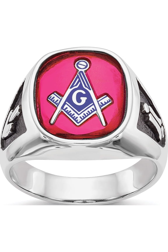 14K White Gold Men's Synthetic Ruby Masonic Ring (Size 10) Made In United States y4081m