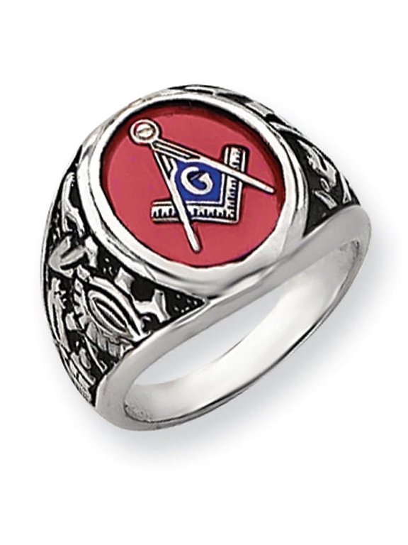 14K White Gold Men's Synthetic Ruby Masonic Ring Size 10