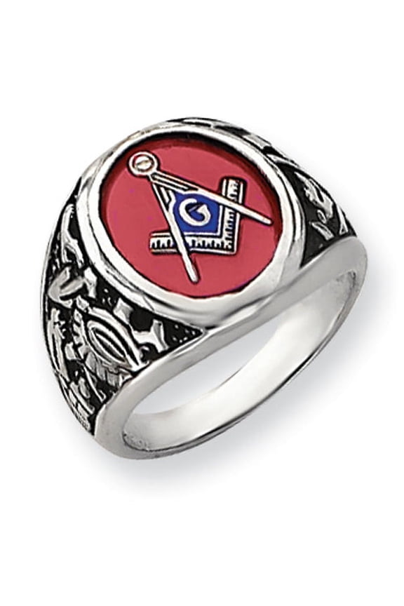 14K White Gold Men's Synthetic Ruby Masonic Ring Size 10