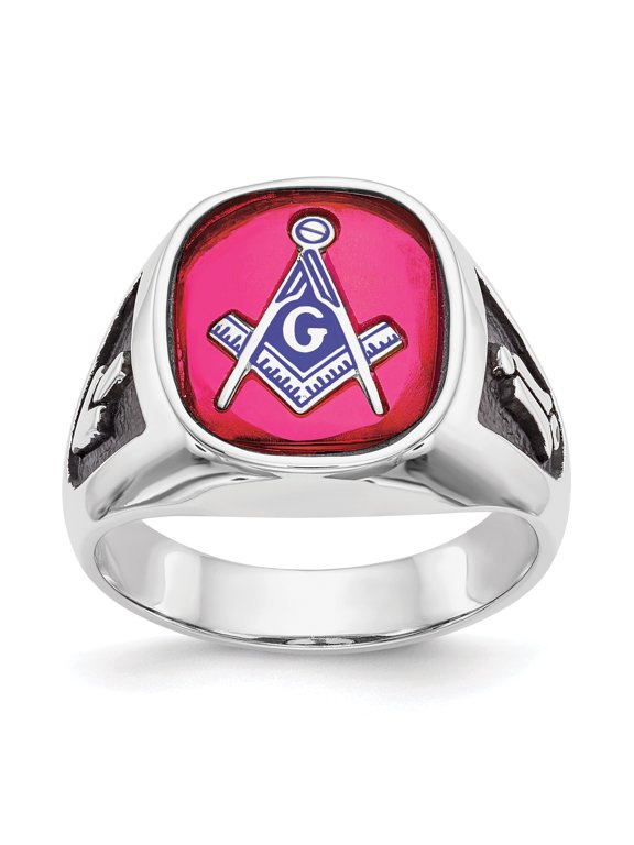 14K White Gold Men's Synthetic Ruby Masonic Ring Size 10
