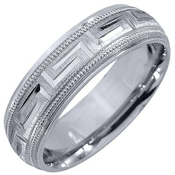 14K White Gold Mens Wedding Band 6mm Satin Milgrain Comfort Fit