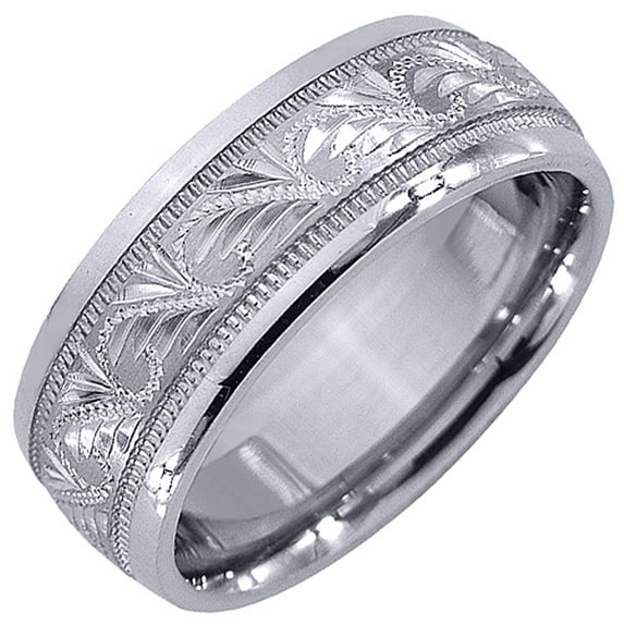 14K White Gold Mens Wedding Band 7mm High Gloss Milgrain Comfort Fit