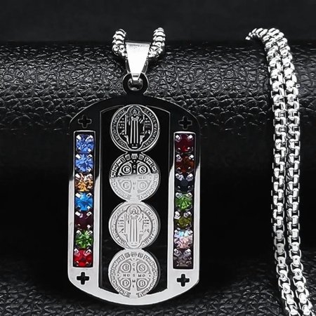 14K White Gold Mix Color Crystal Saint Benedict Pendant Necklace Silver Color Christian Necklaces Jewelry San Benito