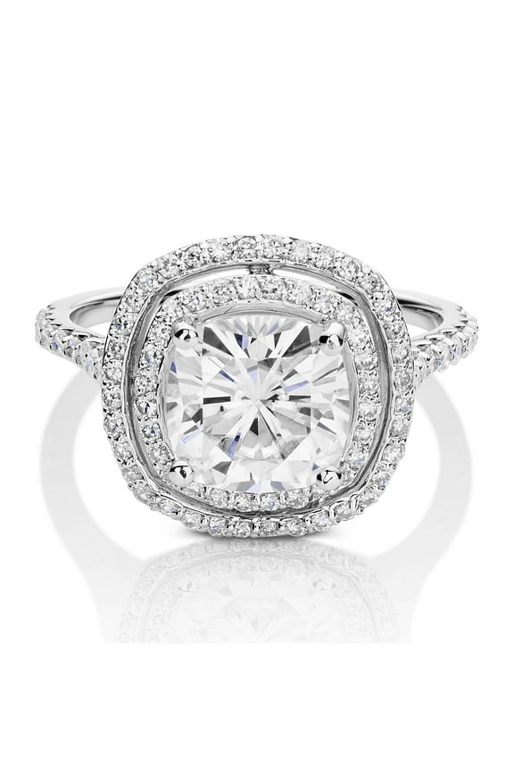 14K White Gold Moissanite 8.0mm Cushion Halo Engagement Ring-Size 8 2.90cttw DEW