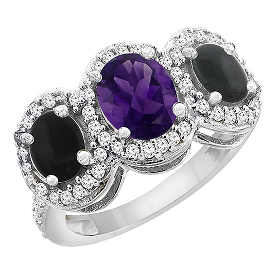 14K White Gold Natural Amethyst & Black Onyx 3-Stone Ring Oval Diamond Accent, size 9
