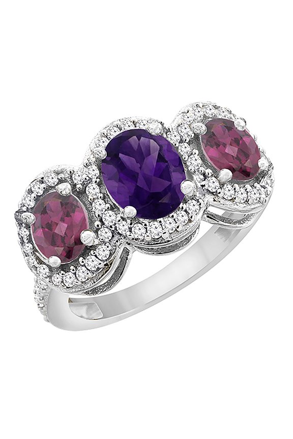 14K White Gold Natural Amethyst & Rhodolite 3-Stone Ring Oval Diamond Accent, size 5