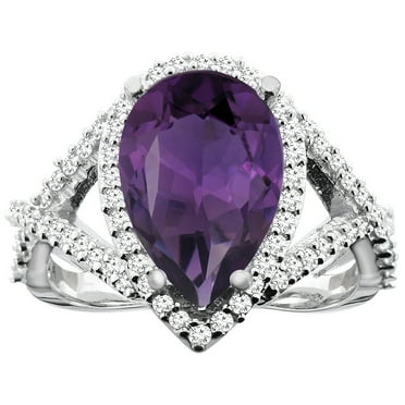 14K White Gold Natural Amethyst Ring Pear 12X8mm Diamond Accent, size 7.5