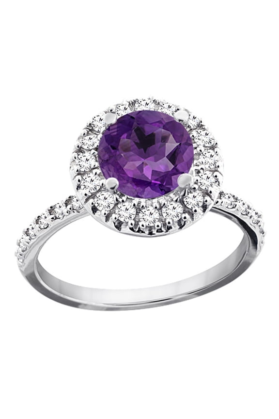 14K White Gold Natural Amethyst Ring Round 8mm Floating Halo Diamond, size 8