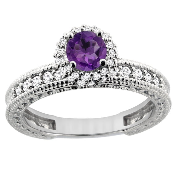 14K White Gold Natural Amethyst Round 5mm Engagement Ring Diamond Accents, size 5.5
