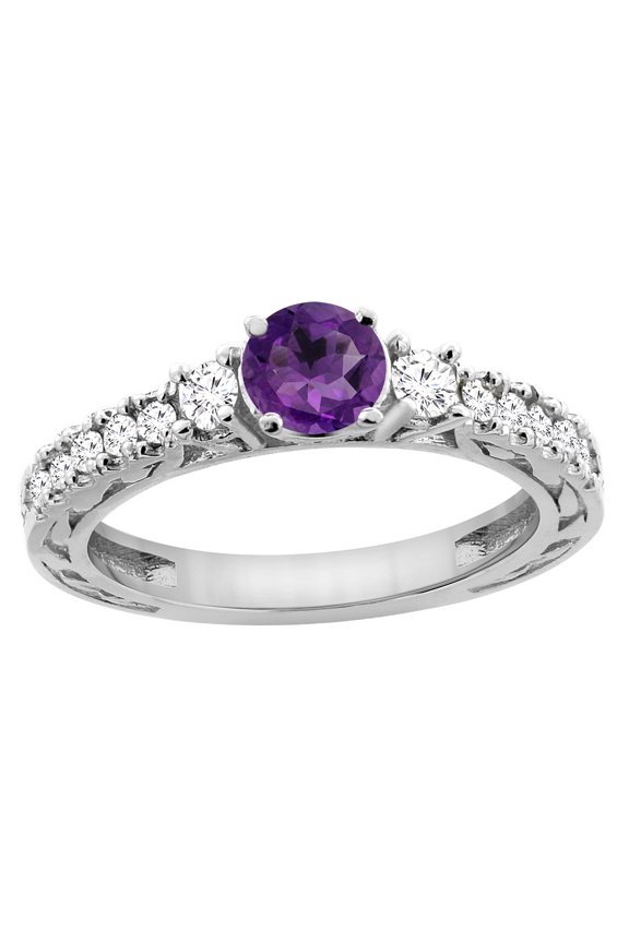 14K White Gold Natural Amethyst Round 6mm Engraved Engagement Ring Diamond Accents, size 10