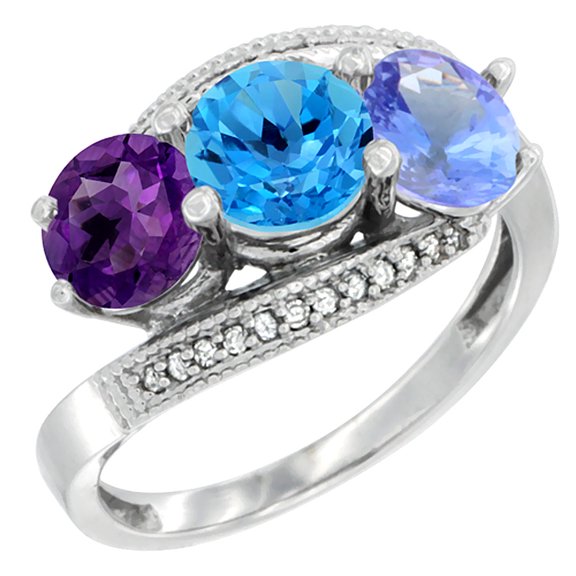 14K White Gold Natural Amethyst, Swiss Blue Topaz & Tanzanite 3 stone Ring Round 6mm Diamond Accent, size 6