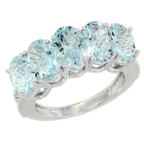 14K White Gold Natural Aquamarine 0.71 ct. Oval 7x5mm 5-Stone Mother's Ring with Diamond Accents, size 9