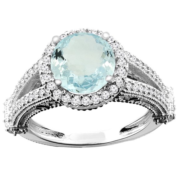 14K White Gold Natural Aquamarine Ring Round 8mm Diamond Accent, size 7.5