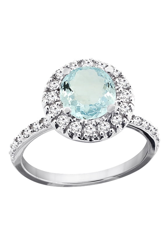 14K White Gold Natural Aquamarine Ring Round 8mm Floating Halo Diamond, size 7