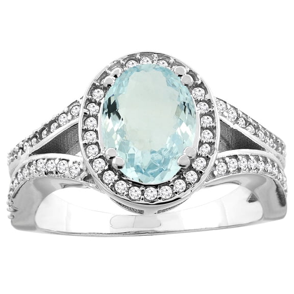 14K White Gold Natural Aquamarine Split Ring Oval 8x6mm Diamond Accent, size 10