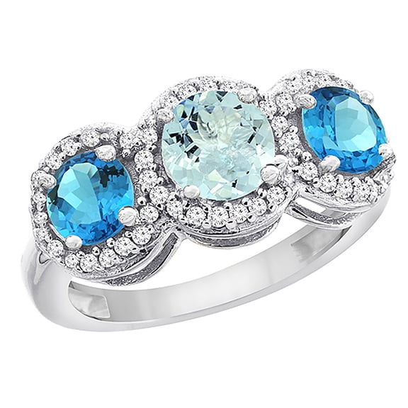 14K White Gold Natural Aquamarine & Swiss Blue Topaz Sides Round 3-stone Ring Diamond Accents, size 10
