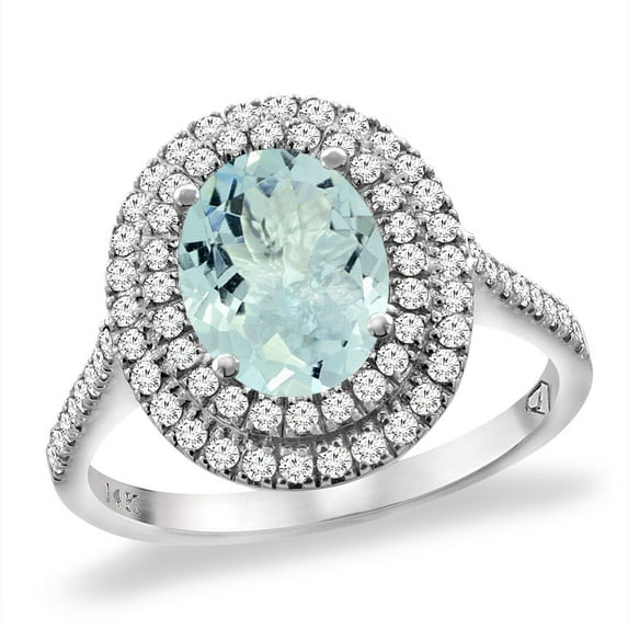 14K White Gold Natural Aquamarine Two Halo Diamond Engagement Ring 9x7 mm Oval, size 10
