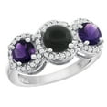 thumbnail image 1 of 14K White Gold Natural Black Onyx & Amethyst Sides Round 3-stone Ring Diamond Accents, size 5, 1 of 2