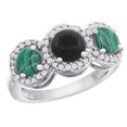 thumbnail image 1 of 14K White Gold Natural Black Onyx & Malachite Sides Round 3-stone Ring Diamond Accents, size 5, 1 of 2