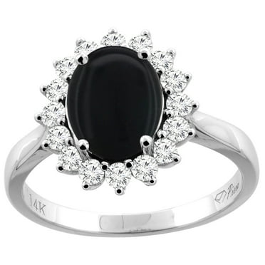 14K White Gold Natural Black Onyx Ring Oval 9x7 mm Diamond Accents, size 5