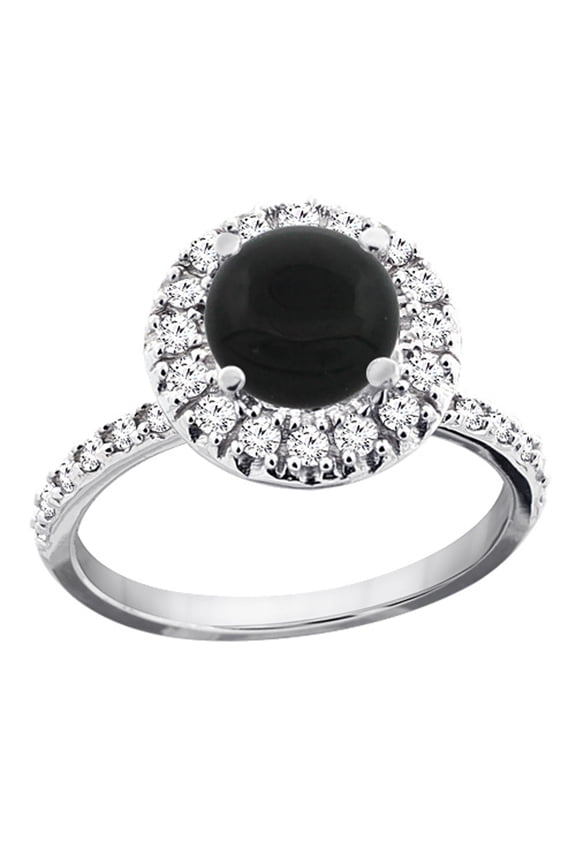 14K White Gold Natural Black Onyx Ring Round 8mm Floating Halo Diamond, size 8