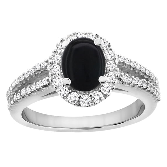 14K White Gold Natural Black Onyx Split Shank Halo Engagement Ring Oval 7x5 mm, size 8.5
