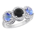 thumbnail image 1 of 14K White Gold Natural Black Onyx & Tanzanite Sides Round 3-stone Ring Diamond Accents, size 9, 1 of 2