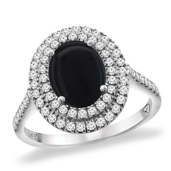 14K White Gold Natural Black Onyx Two Halo Diamond Engagement Ring 9x7 mm Oval, size 6.5