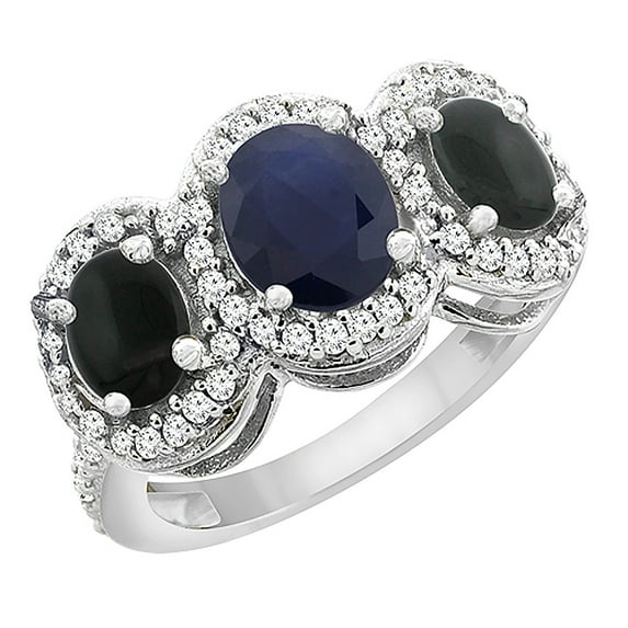 14K White Gold Natural Blue Sapphire & Black Onyx 3-Stone Ring Oval Diamond Accent, size 8.5