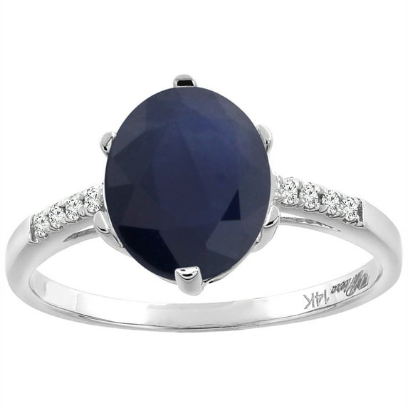 14K White Gold Natural Blue Sapphire & Diamond Ring Oval 10x8 mm, size 5