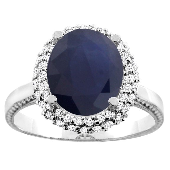 14K White Gold Natural Blue Sapphire Double Halo Ring Oval 10x8mm Diamond Accent, size 9
