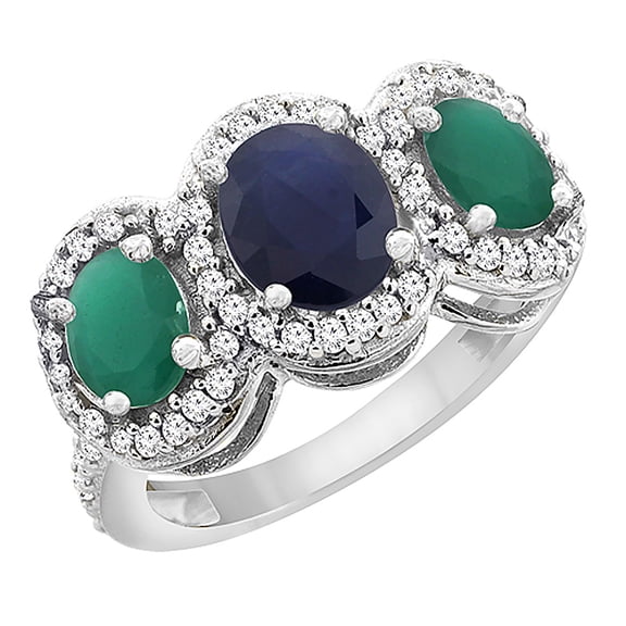 14K White Gold Natural Blue Sapphire & Emerald 3-Stone Ring Oval Diamond Accent, size 8.5