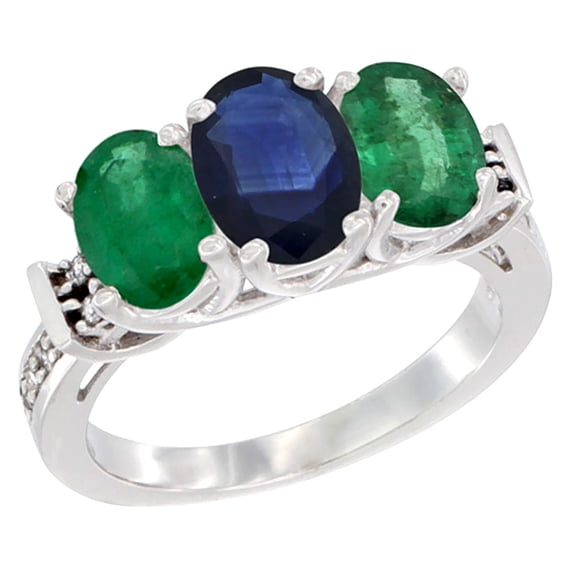14K White Gold Natural Blue Sapphire & Emerald Sides Ring 3-Stone Oval Diamond Accent, size 9.5