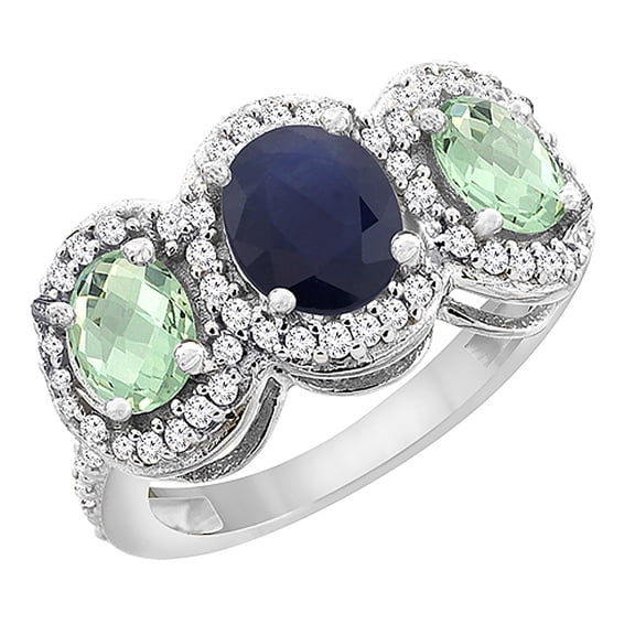 14K White Gold Natural Blue Sapphire & Green Amethyst 3-Stone Ring Oval Diamond Accent, size 10