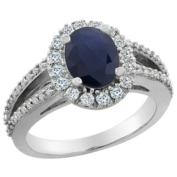 14K White Gold Natural Blue Sapphire Halo Ring Oval 8x6 mm with Diamond Accents, size 8