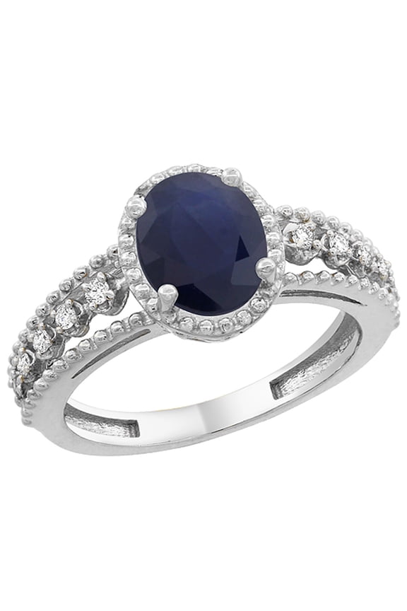 14K White Gold Natural Blue Sapphire Ring Oval 9x7 mm Floating Diamond Accents, size 8