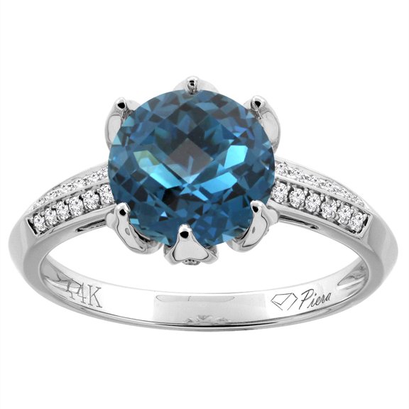 14K White Gold Natural Blue Sapphire Ring Round 8 mm Diamond Accents, size 9.5